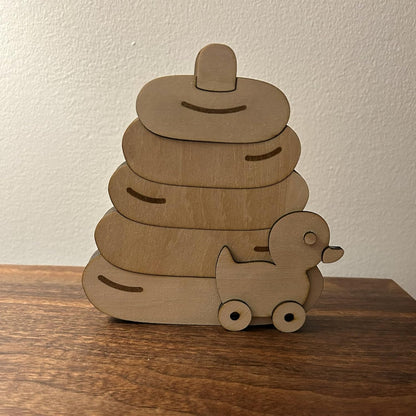 Baby Gift Card Holder with Wooden Stacking Rings Toy, Pull Duck Design, Handcrafted Basswood Keepsake for Baby Shower