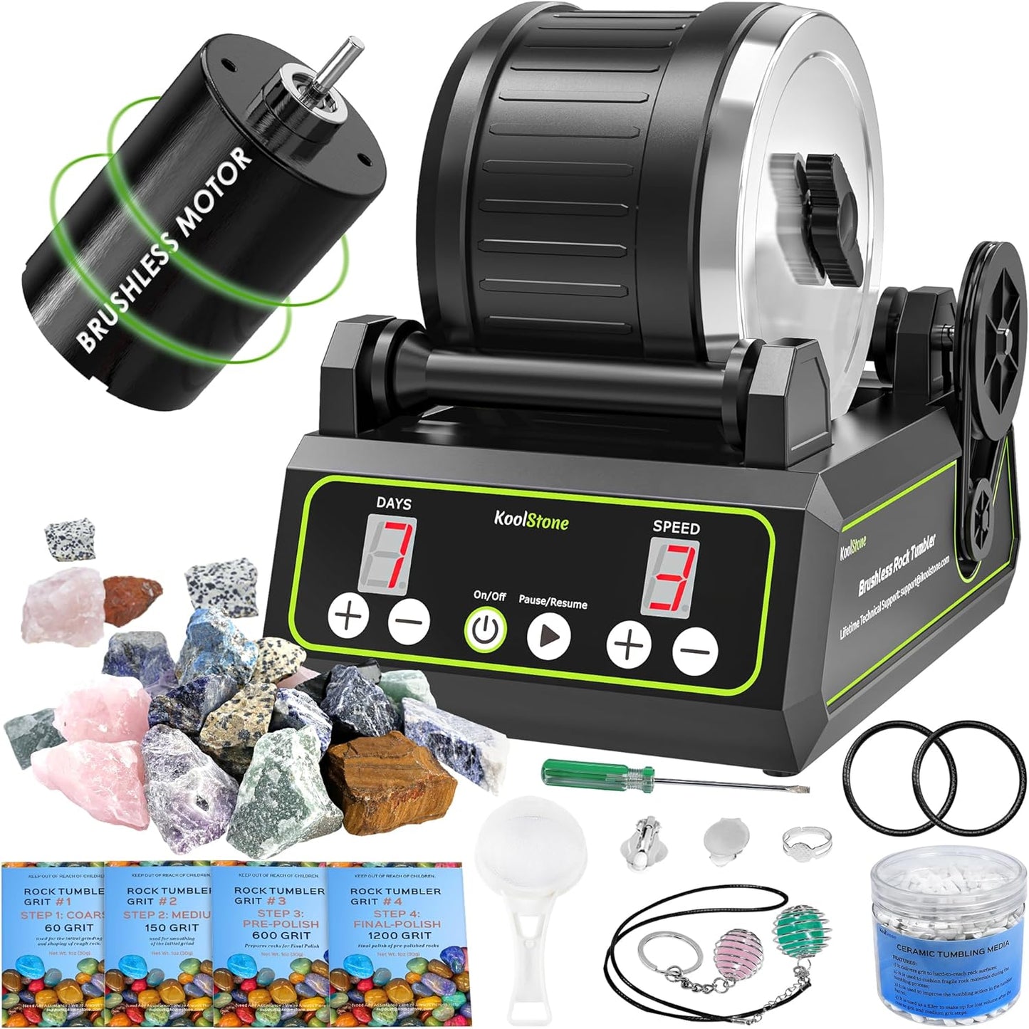 C1 Rock Tumbler Kit - Large 2.5LB Rotary Rock Tumbler for Adults & Hobbyists, Quiet Rubber Barrel, Adjustable Timer & Speed, Complete Gem Polishing Kit with Memory Function