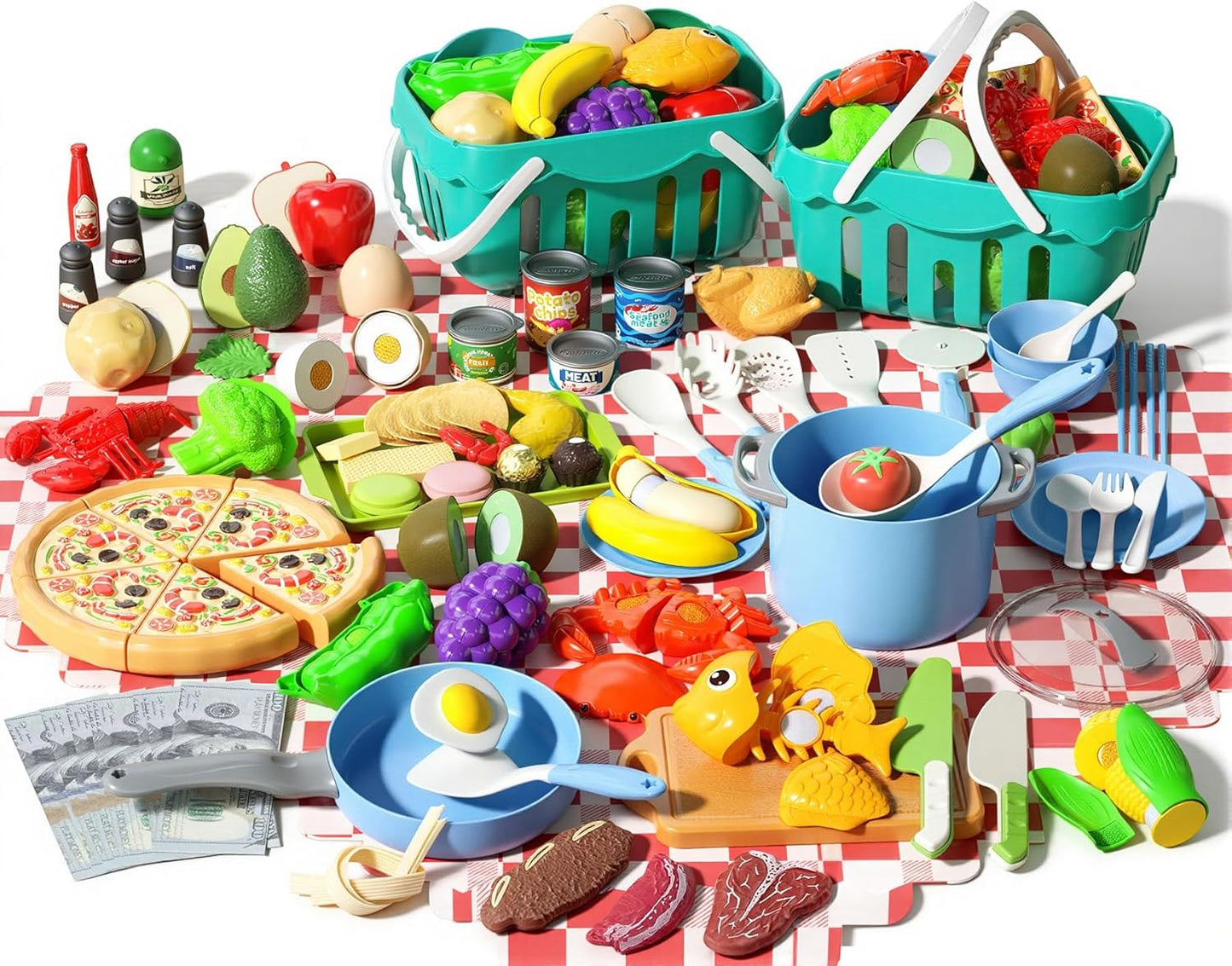 150Pcs Kitchen Playset, Toddlers Pretend Cooking Cookware Accessories, Food, Picnic Blanket, Fruits, Veges, 2Pack Shopping Storage Basket, Dessert and Prop Money, Gift for Kids (Pink)