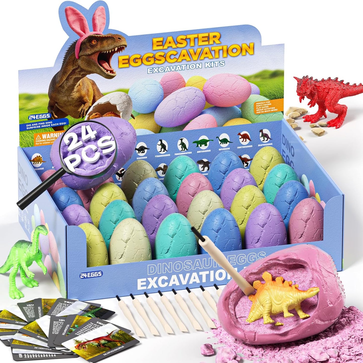24 Dinosaur Eggs Dig Kit Toys for Kids, Dinosaur Eggs Excavation Kit with Magnifier, Easter Basket Stuffers, Science STEM Birthday Party Favors Gifts for Boys Girls Age 3 4 5 6 7 8 9 10 + Years Old
