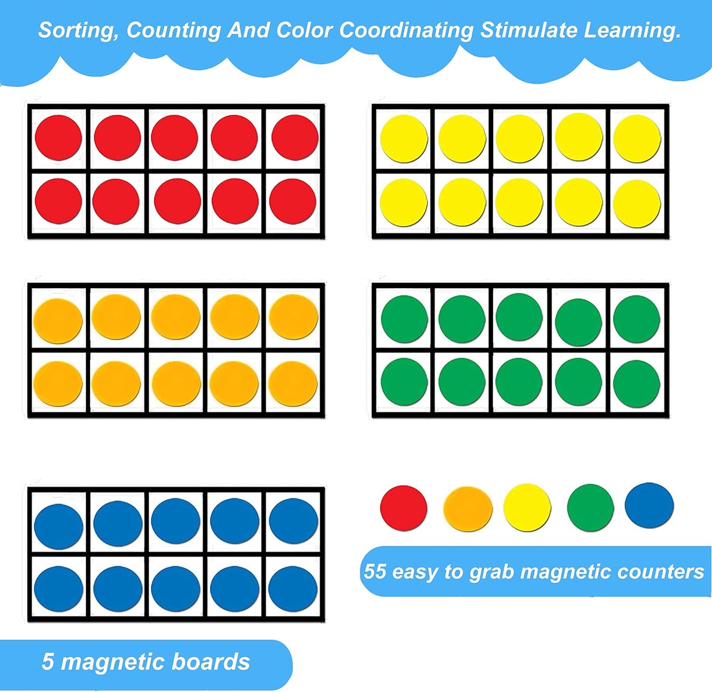 BAIVYLE Foam Magnetic Ten Frame Set for Toddlers - 5 Ten Frames with 55 Magnetic Counters | Math Manipulative for Addition, Subtraction & Number Sense | Classroom & Homeschool Supplies