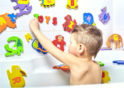 Bath Foam Alphabet Letters Toys - Non-Toxic Bathtub ABC Letters for Kids Toddlers - Premium Educational Floating Animals Puzzles with Toy Organizer for Baby Boys Girls - Set of 52 Pcs