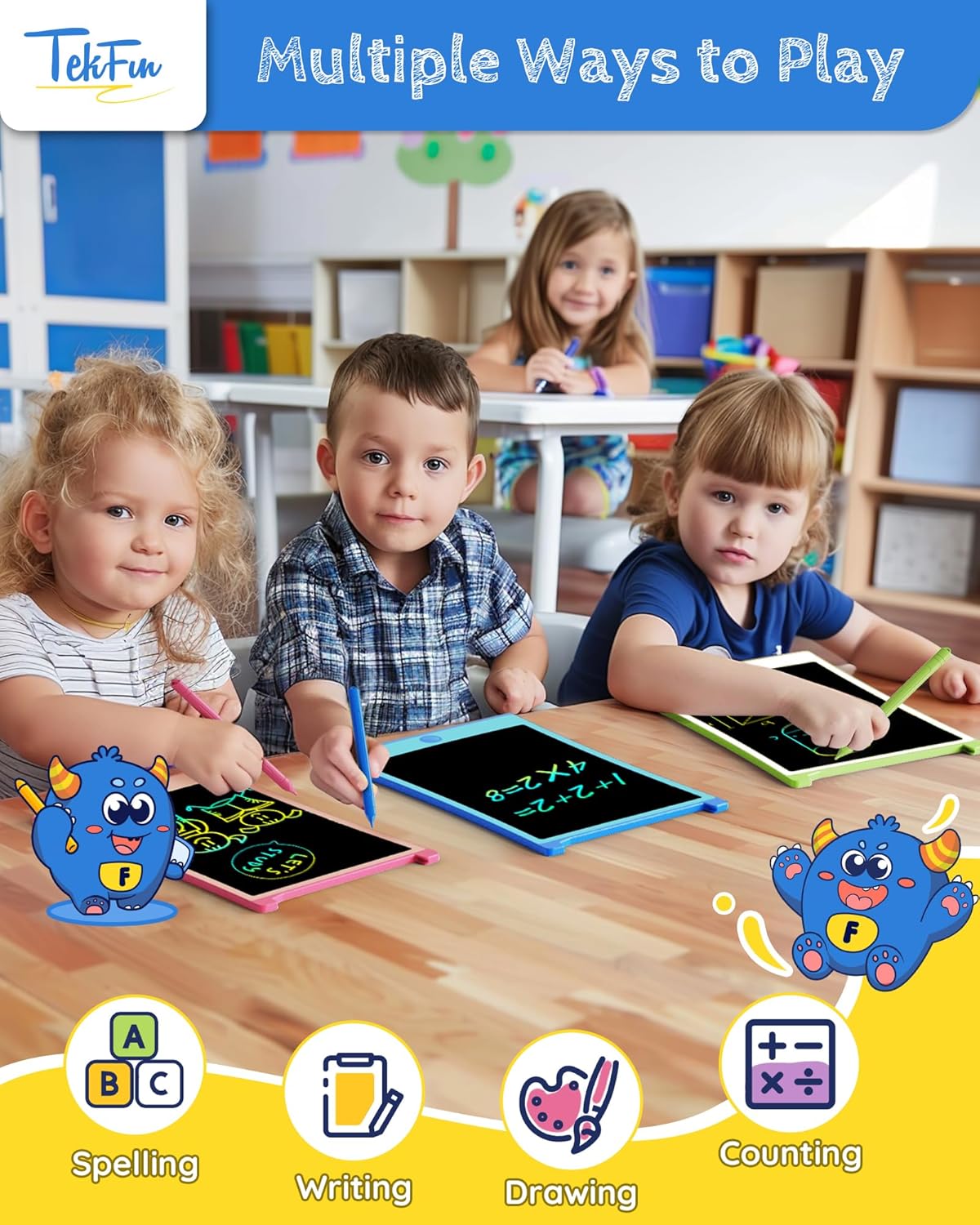 TEKFUN Kids Toys, 2Pcs LCD Writing Tablet with 4 Stylus, 8.5in Erasable Doodle Board Mess Free Drawing Pad for Kids, Car Trip Educational Toys Birthday for 3 4 5 6 7 Girls Boys