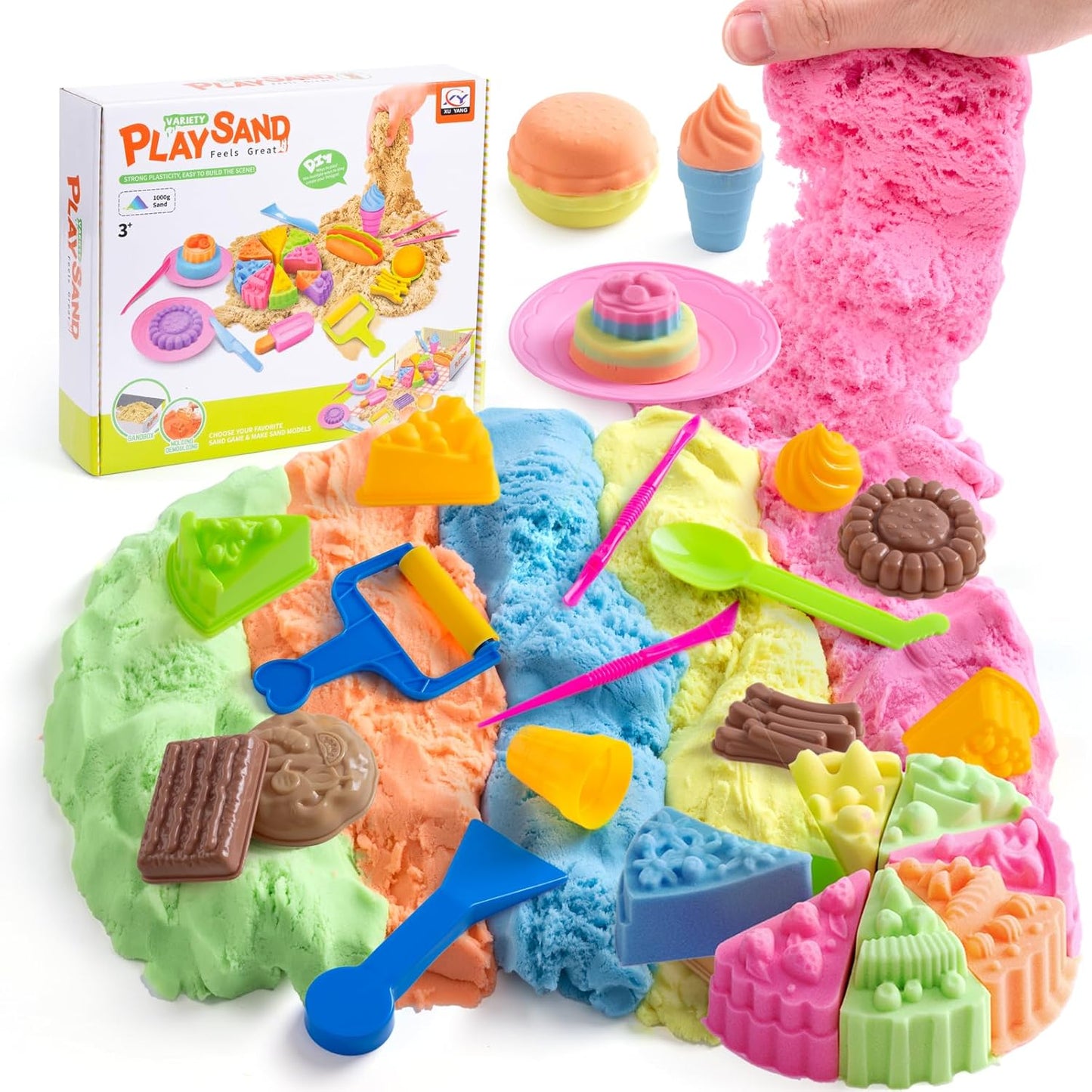 Crelloci Food Theme Magic Play Sand Kit for Kids – 2.2lb Sensory Play Sand with Burger, Hot Dog, Chips, Cake & Ice Lolly Moulds, Cutters, Roller, Fork & Spoon – Creative Sand Toys for Kids Age 3+