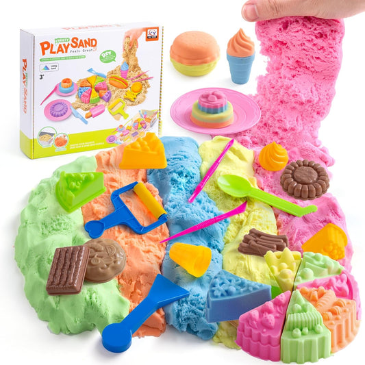 Crelloci Food Theme Magic Play Sand Kit for Kids – 2.2lb Sensory Play Sand with Burger, Hot Dog, Chips, Cake & Ice Lolly Moulds, Cutters, Roller, Fork & Spoon – Creative Sand Toys for Kids Age 3+