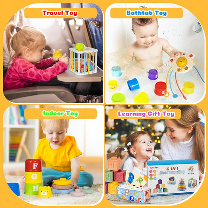 6 in 1 Montessori Toys for Babies Newborn Stacking Block Soft Infant Ring Shape Learning Sensory Bin Pull String Teething Toy Tissue Box for Toddlers 18M+ 2 3 Year Old Boy Girl Gift