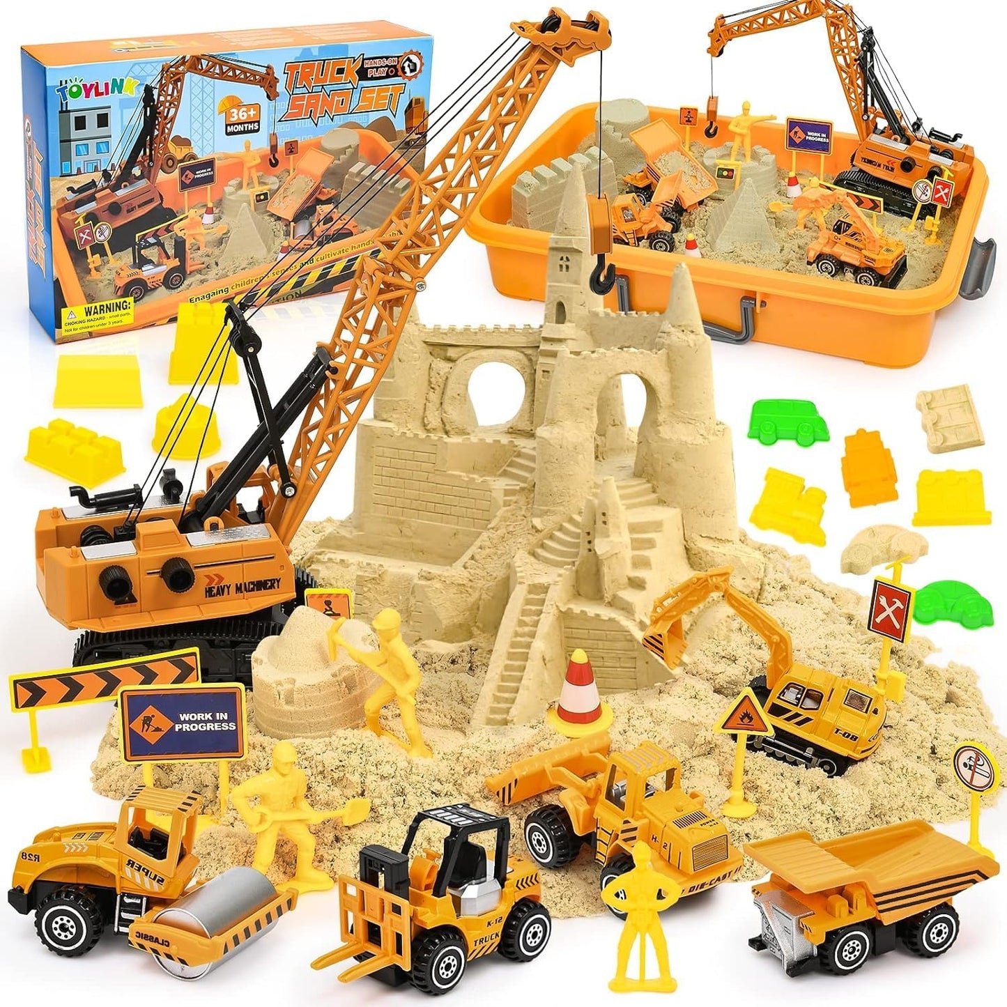 TUZT Kids Construction Sensory Bin Play Sand Kit Toys for Toddlers, Sandbox with 3.1lbs Sand & Large Tower Crane & 5 Trucks & 13 Signs & 14 Molds, Birthday for Toddler Boy 3-8 Years Old