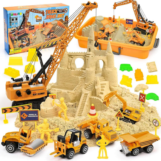TUZT Kids Construction Sensory Bin Play Sand Kit Toys for Toddlers, Sandbox with 3.1lbs Sand & Large Tower Crane & 5 Trucks & 13 Signs & 14 Molds, Birthday for Toddler Boy 3-8 Years Old