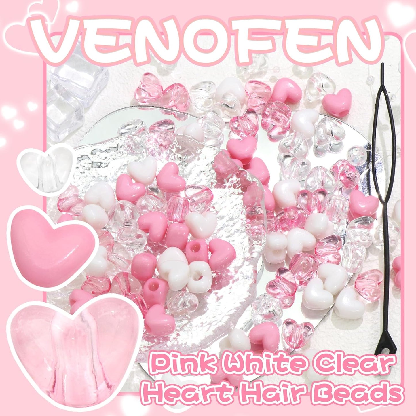 88PCS Pink White Hair Beads for Braids Lovely Heart Shape Loc Dreadlock Valentine's Day Bead Accessories Cute Acrylic Small Pony Beads for Kids Girls