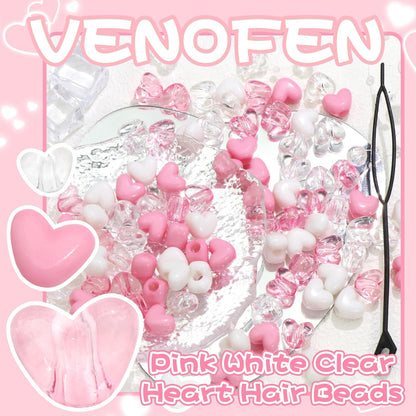 88PCS Pink White Hair Beads for Braids Lovely Heart Shape Loc Dreadlock Valentine's Day Bead Accessories Cute Acrylic Small Pony Beads for Kids Girls