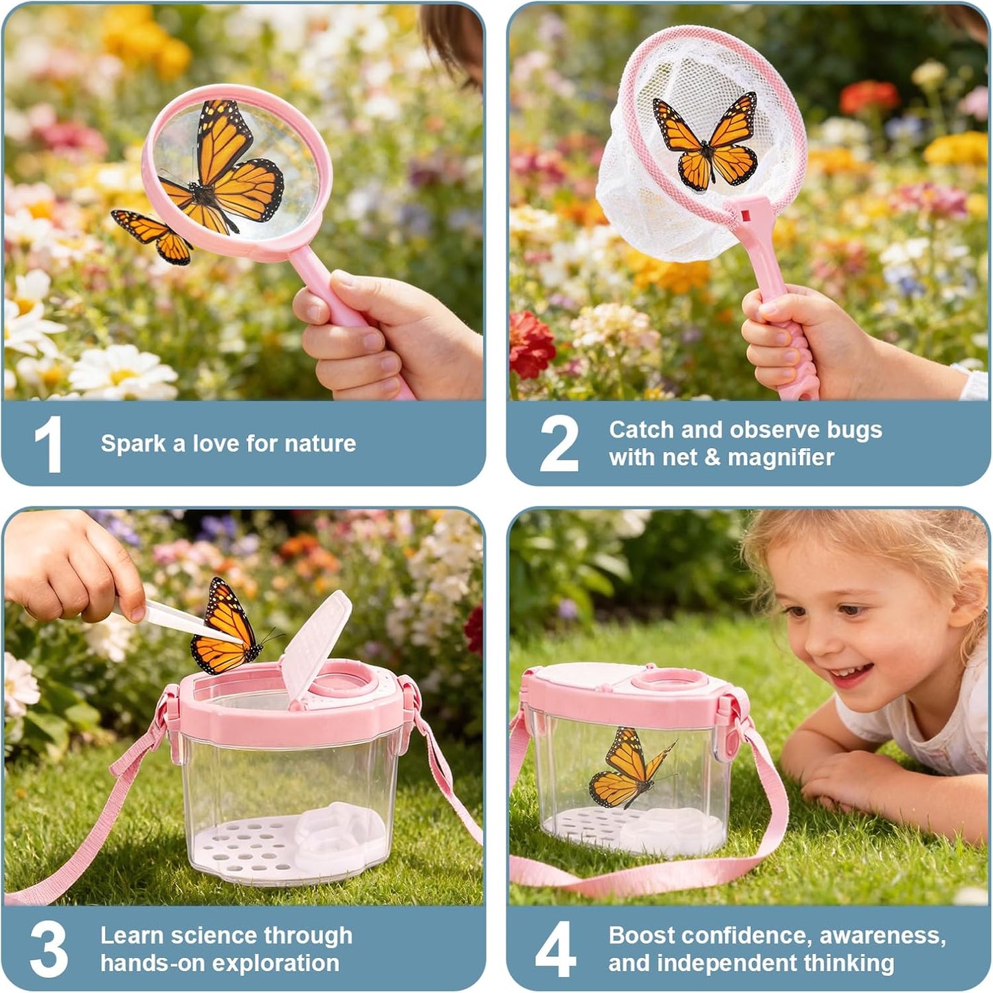 Dreamon Kids Gardening Tools & Bug Catcher Kit, 2-in-1 Outdoor Toys with Wheelbarrow and Bug House, STEM Educational Toys for 3 Year Old, Birthday Gifts Outdoor Gifts for Kids 3-5, Green