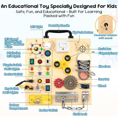 Wooden Busy Board with LED Light，Montessori Baby Learning Toys for Toddlers , Sensory Activity Board , Travel Educational Toy Boy & Girl Birthday Gift (Black Handle)