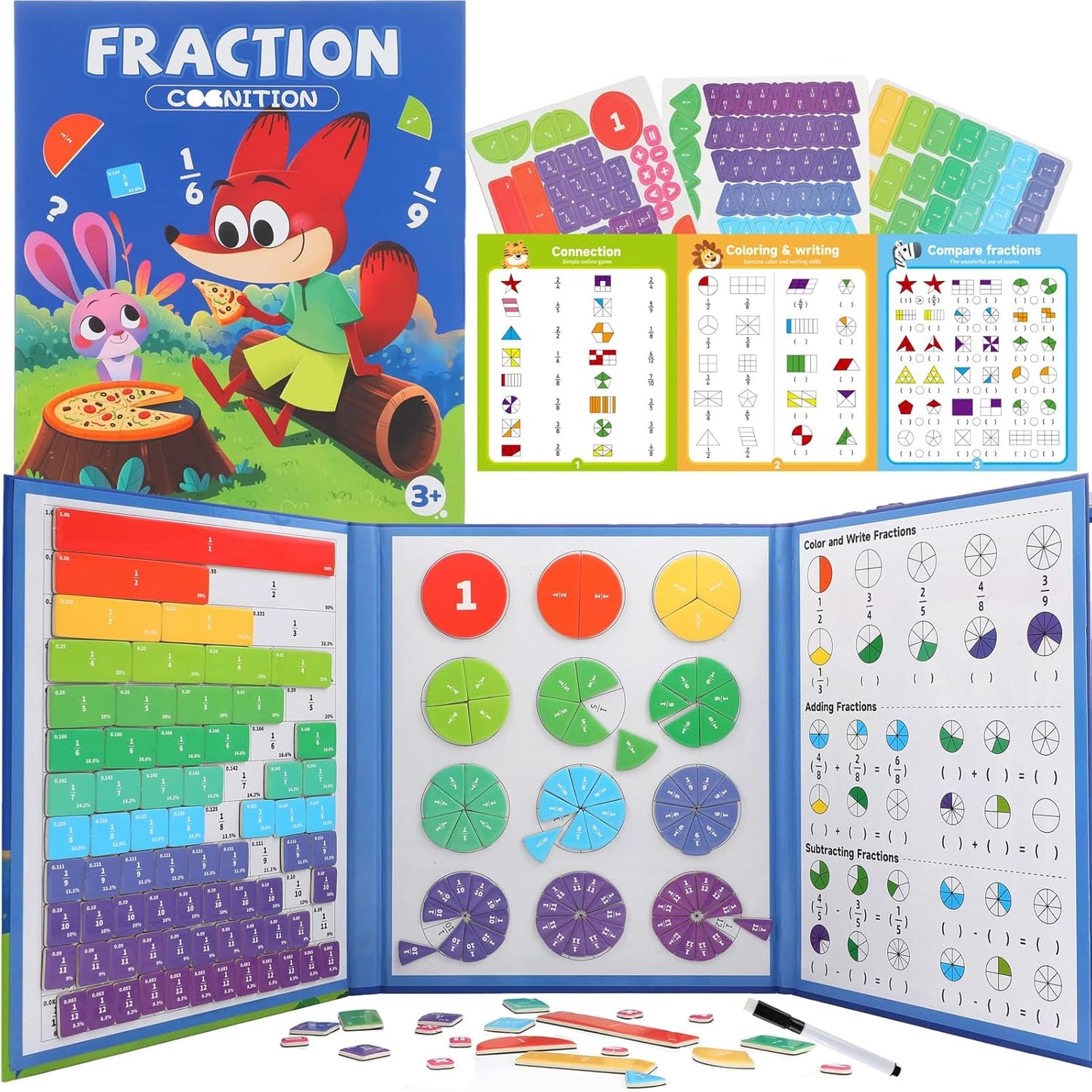 Magnetic Fraction Playbook, 103 PCS Magnetic Fraction Tiles Fraction Magnets for Elementary School Math Learning Toys for Kids Fraction manipulatives Magnetic Fraction Demonstration Book