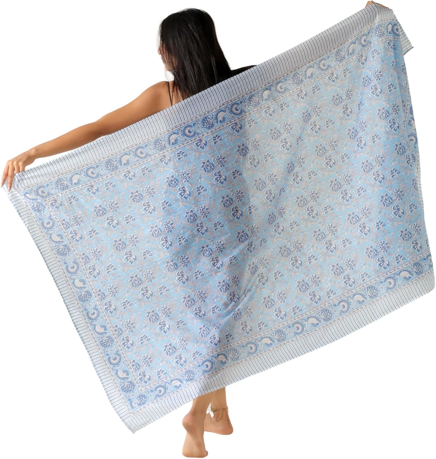 100% Cotton Sarong Cover Up for Women Indian Block Print Beach Wrap Skirt Long Boho Swimsuit Bikini Pareo (73” x 43”)