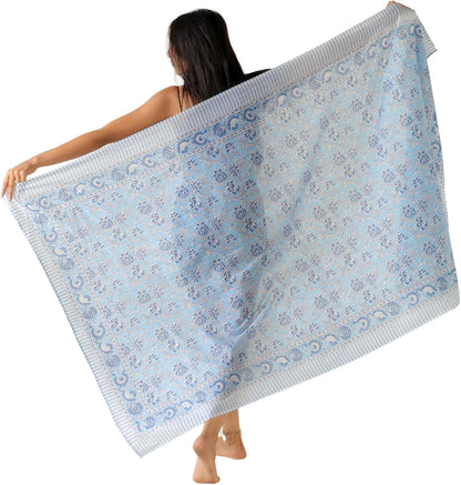 100% Cotton Sarong Cover Up for Women Indian Block Print Beach Wrap Skirt Long Boho Swimsuit Bikini Pareo (73” x 43”)