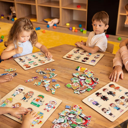 Civaner 3 Set Wooden Puzzle for Toddlers Kids 30 Pcs Wooden Community Helpers Toys People Figures Occupations Interchangeable Dress up Peg Puzzles Educational Social Learning Supplies for Boys Girls