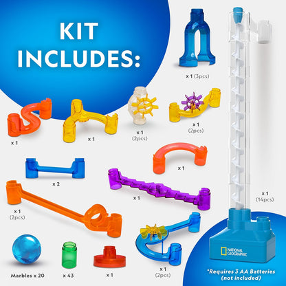 National Geographic Marble Run with Motorized Elevator - 150-Piece Marble Maze Kit with Motorized Spiral Lift, 30 Marbles, Storage Bag & More, Perpetual Motion Machine, Kids Physics Toys