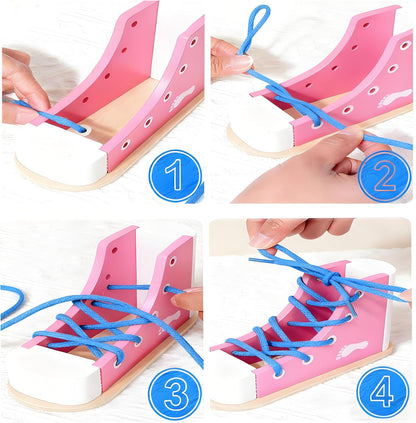 ‌Learn to Tie Shoes - Wooden Lacing Shoe Tying How to Tie Shoes Shoelaces Practice Kit, Safe & Reusable Shoelace Learning Tool Pink & Blue