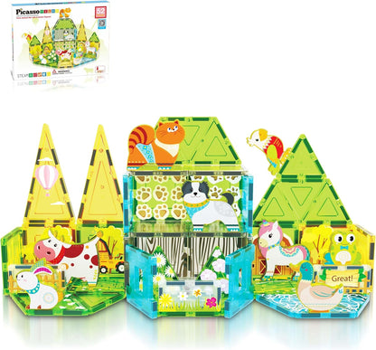 PicassoTiles Magnet Tiles Magnetic Building Blocks Aquarium Marine Animal Theme Set with 8 Character Action Figures Shark Crab Turtle STEM Toys Construction Preschool Toddlers Kids Boys Girls 3+ PTQ15