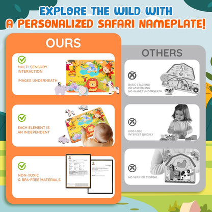Kalotoys Wooden Montessori Jungle Animal Puzzle for Toddlers 1-3 – Interactive Sensory Toy with Mirror, Zip & Sound – Educational Baby Gift for Fine Motor Skills & Autism Friendly (6 Animals)