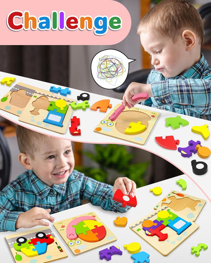 Yetonamr Wooden Toddler Puzzles Gifts Toys for 1 2 3 Years Old Boys Girls, 6 Vehicle Shape Montessori Toys Educational Blocks Kids Toys Gift Baby Learning Toy Age 1-3, 2-4