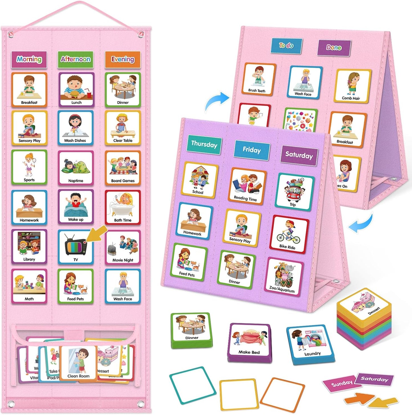 Godery Large Visual Schedule for Kids Chore Reward Chart,Bedtime Routine Chart for Toddlers,Double Side Weekly Planner Board with 109 Cards for Home School Planner,Autism Learning Materials.