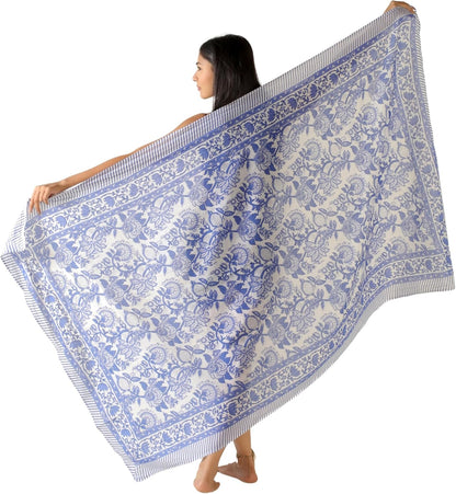 100% Cotton Sarong Cover Up for Women Indian Block Print Beach Wrap Skirt Long Boho Swimsuit Bikini Pareo (73” x 43”)