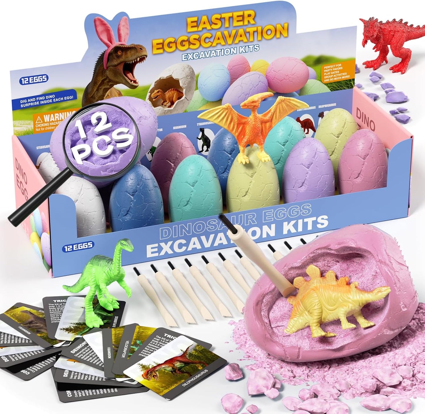 24 Dinosaur Eggs Dig Kit Toys for Kids, Dinosaur Eggs Excavation Kit with Magnifier, Easter Basket Stuffers, Science STEM Birthday Party Favors Gifts for Boys Girls Age 3 4 5 6 7 8 9 10 + Years Old