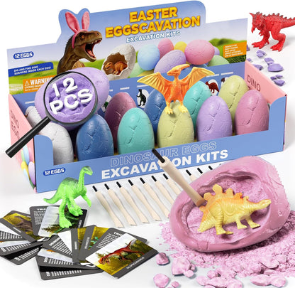 24 Dinosaur Eggs Dig Kit Toys for Kids, Dinosaur Eggs Excavation Kit with Magnifier, Easter Basket Stuffers, Science STEM Birthday Party Favors Gifts for Boys Girls Age 3 4 5 6 7 8 9 10 + Years Old