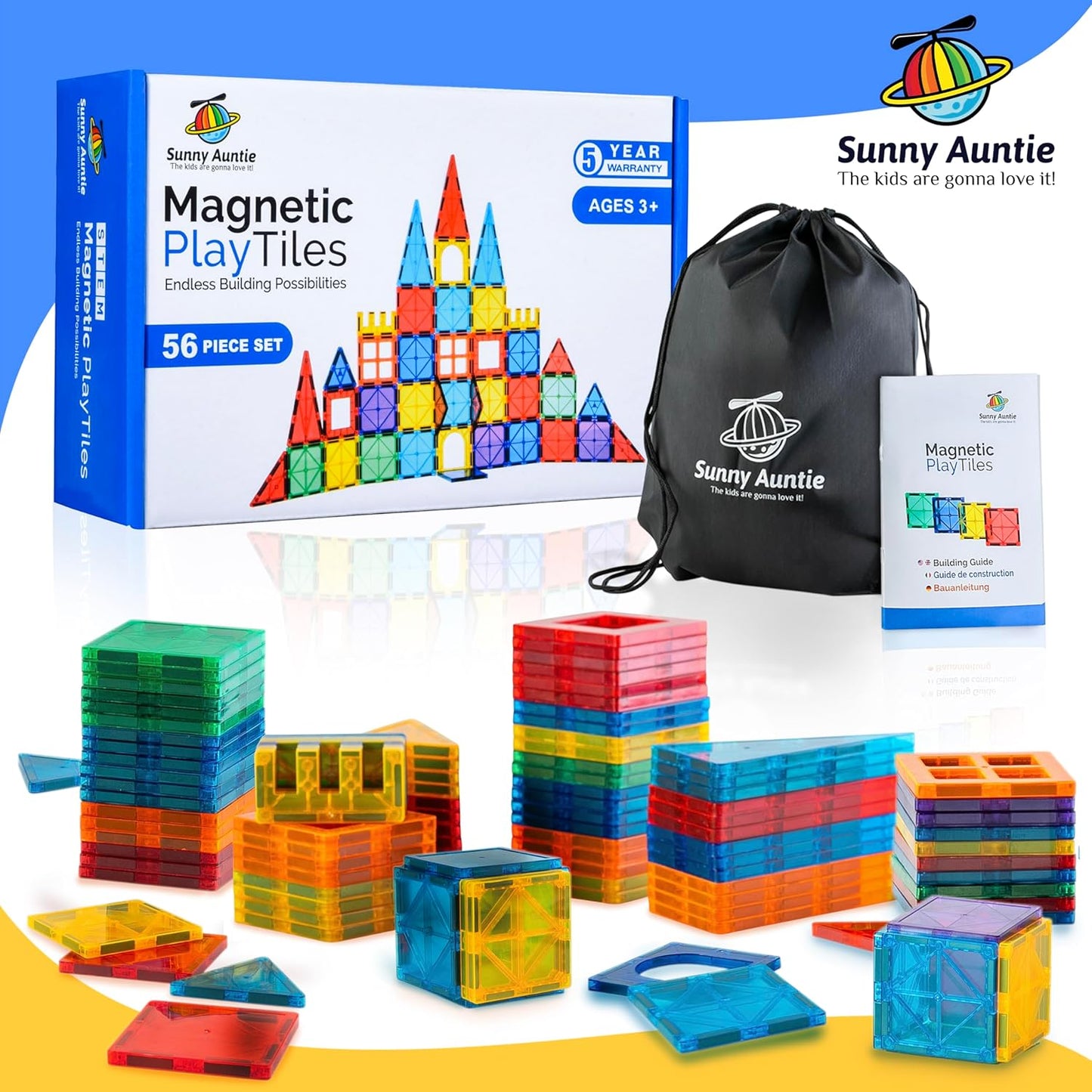 SUNNY AUNTIE Magnetic Tiles 56 PCS Building Set – Magnetic Building Tiles STEM Toy for Kids & Toddlers Ages 3-8, Magnet Construction Set for Boys & Girls