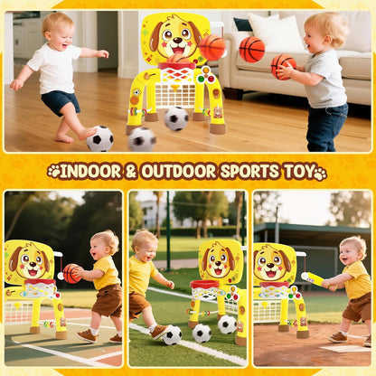 Toys for 1 Year Old Boy - Toddler Basketball Hoop & Soccer Goal & Baseball Activity Center with Light Sound Music, Puppy Montessori Sports Toy, Christmas Birthday Gift for Baby 12-18 Months, Yellow