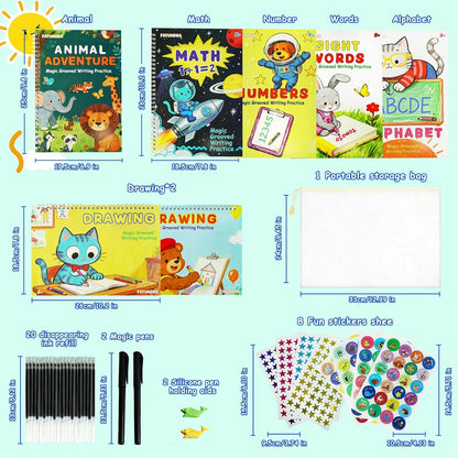 Grooved Handwriting Practice for Kids, Magic Grooved Writing Practice Books, 7 Reusable Tracing Workbooks for Preschool & Kindergarten, Learn Letters & Numbers for Ages 3–8 (7)