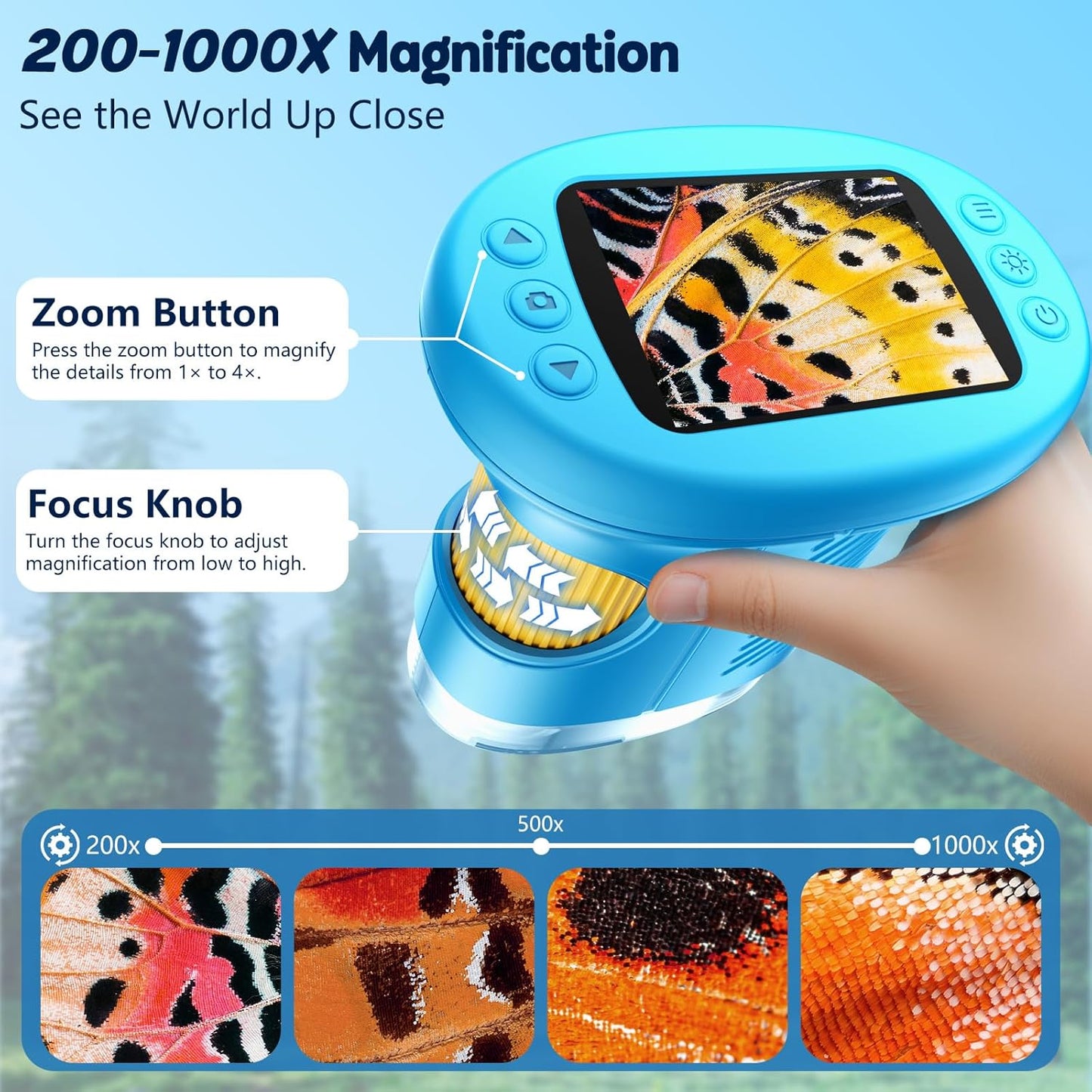 Odatay 4K 1000X Digital Microscope for Kids with Long Distance Viewing & 2.4" Screen, Portable Handheld Edu Toys for Kids Age 3-12 Exploring Bugs Plants at Home Classroom & Outdoor Travel, Yellow