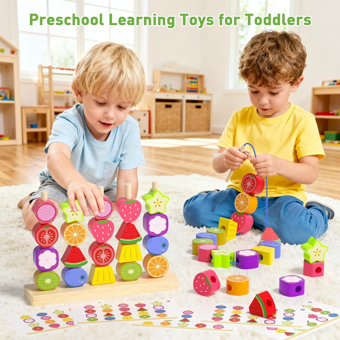 Melofaver Montessori Toys for 3 4 5 Year Old, Wooden Fruit Toddler Stacking Toys, Stacking Blocks & Lacing Beads & Shape Sorter Toy for Toddler, STEM Preschool Learning Toys for Kids Boys Girls