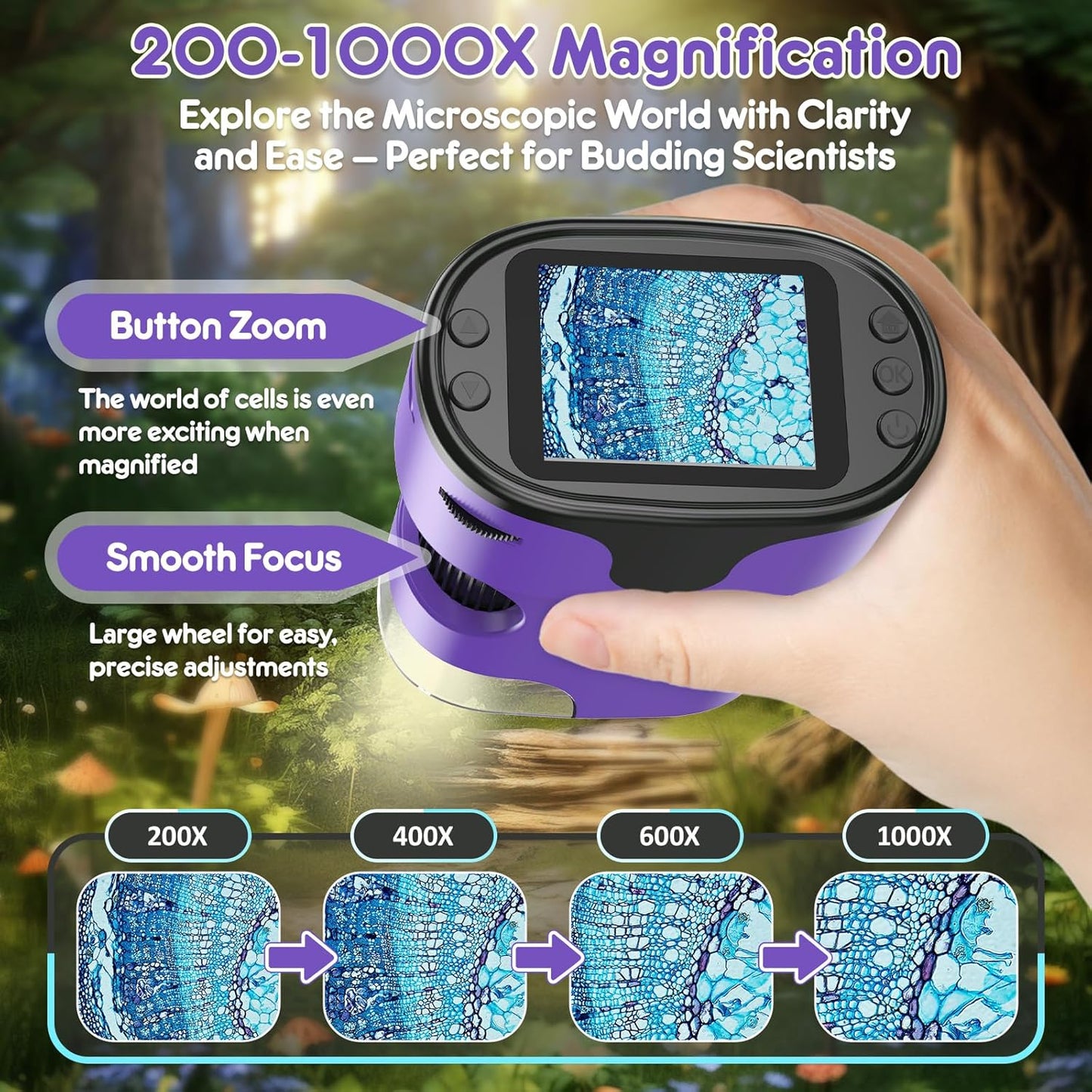 1000X Handheld Microscope for Kids 4K 2.0" Screen Rechargeable Mini Pocket Digital Microscopes w/Slides Kit Portable Edu Gift Age 4-6 8-12 Children Students (White)