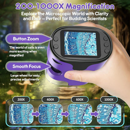 1000X Handheld Microscope for Kids 4K 2.0" Screen Rechargeable Mini Pocket Digital Microscopes w/Slides Kit Portable Edu Gift Age 4-6 8-12 Children Students (White)