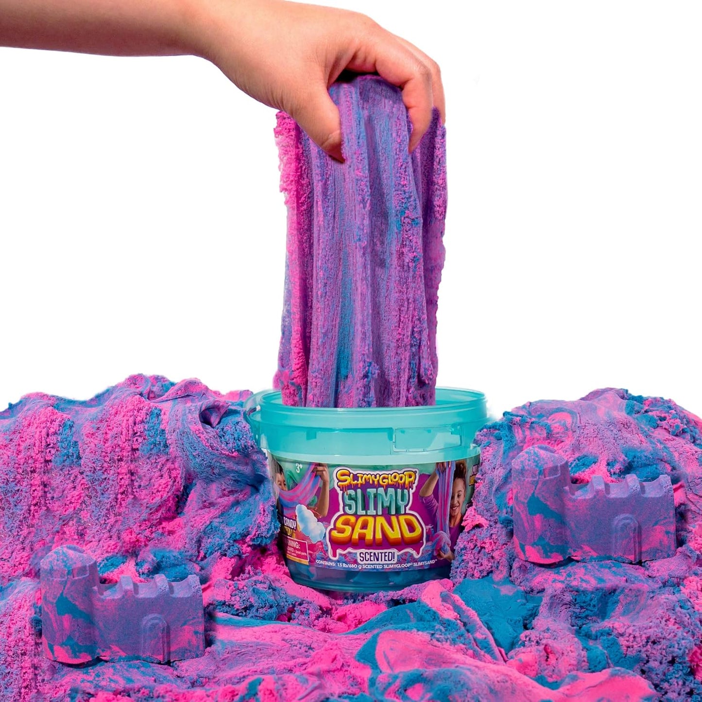 SLIMYSAND by Horizon Group USA, 1.5 Lbs of Stretchable, Expandable, Moldable Cloud Slime, Non Stick, Slimy Play Sand in A Reusable Bucket, Blue- A Sensory Activity , Light Blue