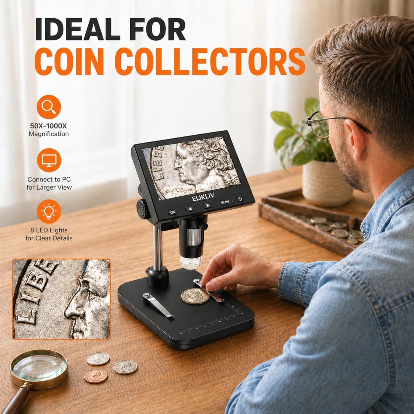 Elikliv Microscope, LCD Digital Coin Microscope 1000x, Coin Magnifier with 8 Adjustable LED Lights, PC View Compatible with Windows/MacBook, EDM4, 4.3-Inch