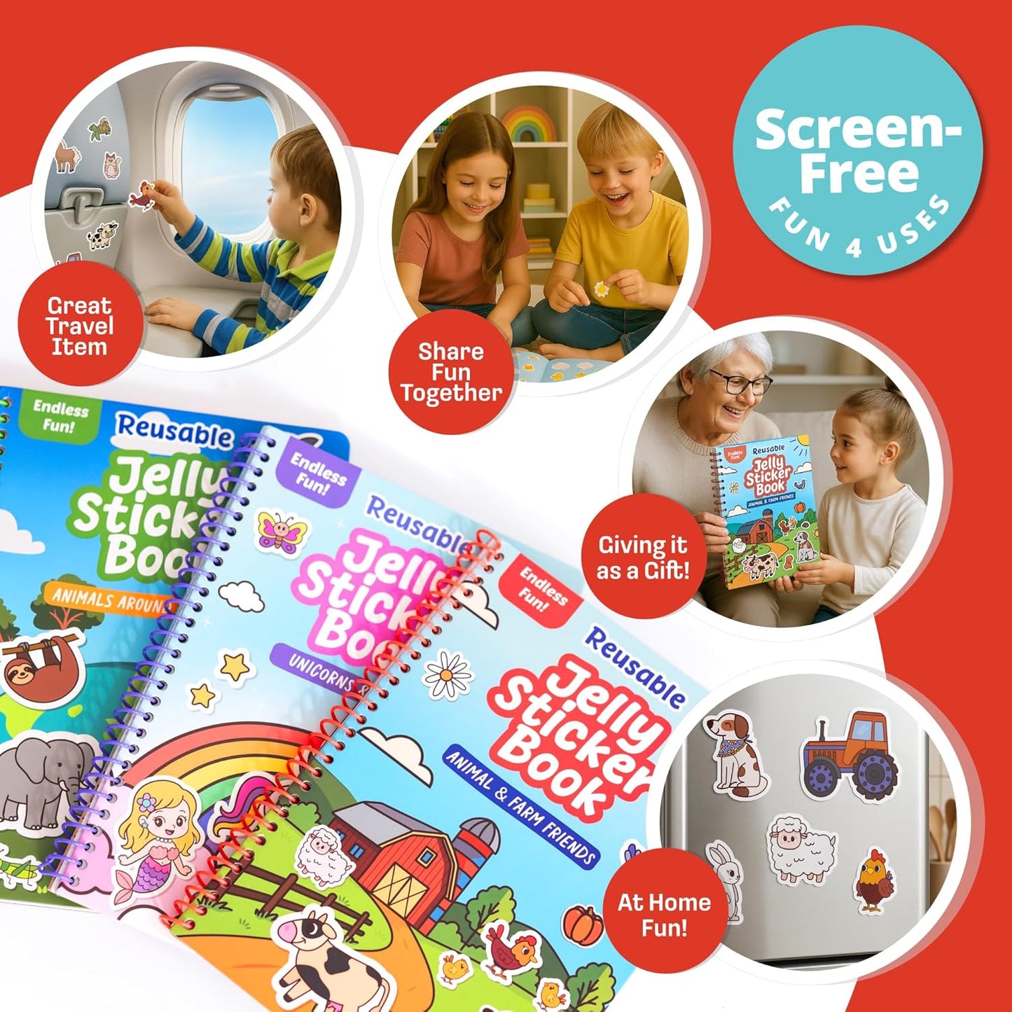 Reusable Jelly Sticker Book - Farm, 7 Scenes - 50 Thick Washable Stickers for Toddlers & Kids: Animals Stickers for Kids, Gift for Ages 3-5 Years Old - Toddler Travel Toys 2-4, Road Trip Activities