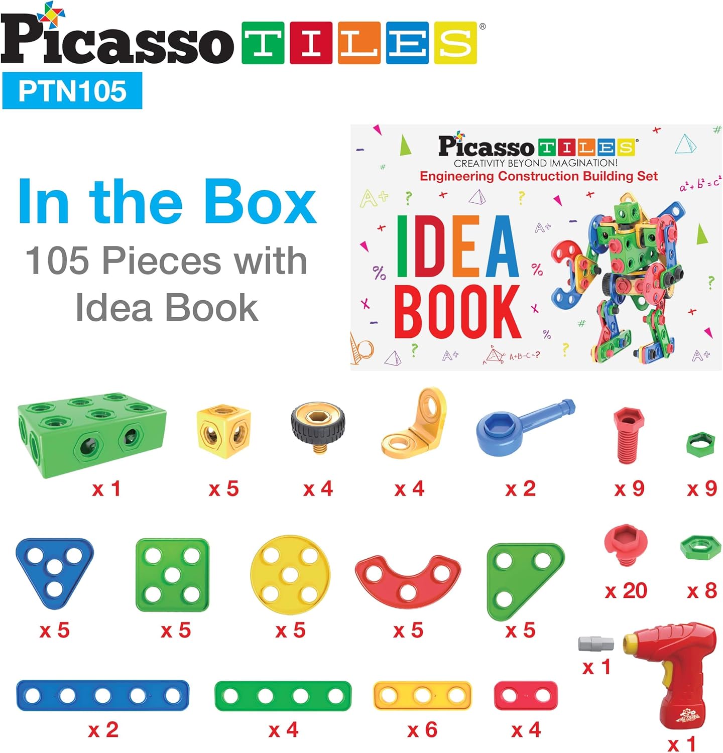 PicassoTiles 152pc STEM Construction Toy Building Set for Kids Ages 3+ Includes Power Drill, Ratchet, Idea Book, Storage Box Educational Engineering Science Kit & Sensory Toys for Boys & Girls PTN152