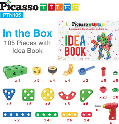 PicassoTiles 152pc STEM Construction Toy Building Set for Kids Ages 3+ Includes Power Drill, Ratchet, Idea Book, Storage Box Educational Engineering Science Kit & Sensory Toys for Boys & Girls PTN152