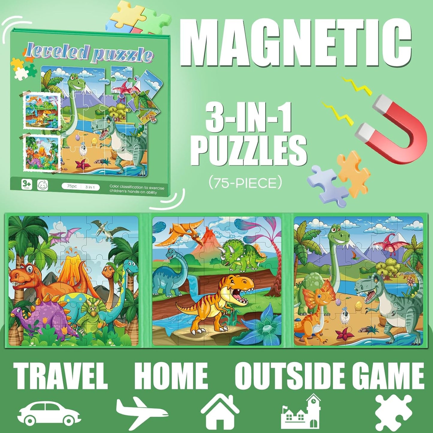 Magnetic Puzzles for Toddlers 3-5, 75-Pieces Travel Toys, Animal Jungle Puzzles Ages 4-6, Educational Learning Magnets, Road Car Trip & Airplane Activities Toys for 3 4 5 6 7 Girls Boys Gift