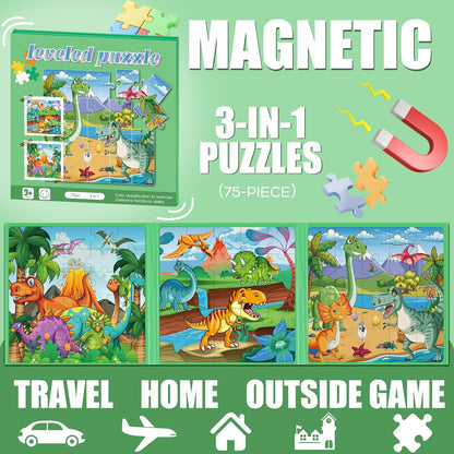 Magnetic Puzzles for Toddlers 3-5, 75-Pieces Travel Toys, Animal Jungle Puzzles Ages 4-6, Educational Learning Magnets, Road Car Trip & Airplane Activities Toys for 3 4 5 6 7 Girls Boys Gift