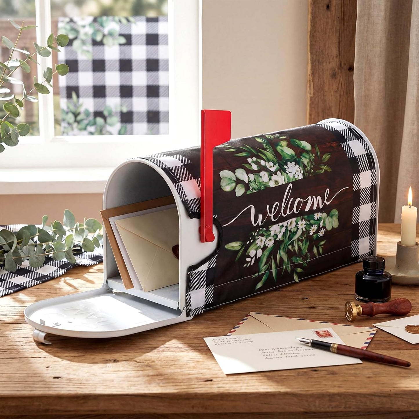Tiamon Monogrammed L Mailbox Covers Magnetic Eucalyptus Welcome Letter Box Wrap Standard Size 21x18 Inch Spring Summer Leaves Mailbox Decor Eucalyptus Letter Numbers Decoration for Outdoor Garden Yard