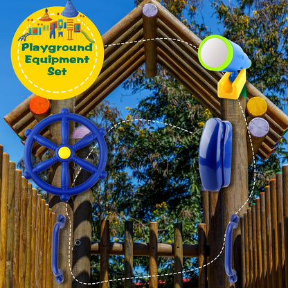 5 Pcs Kids Playground Accessories for Kids Outdoor Plastic Steering Wheel Swingset Phone Pirate Telescope Telephone Safety Handle for Child Backyard Tree House Playhouse Jungle Gym (Yellow Set 1)