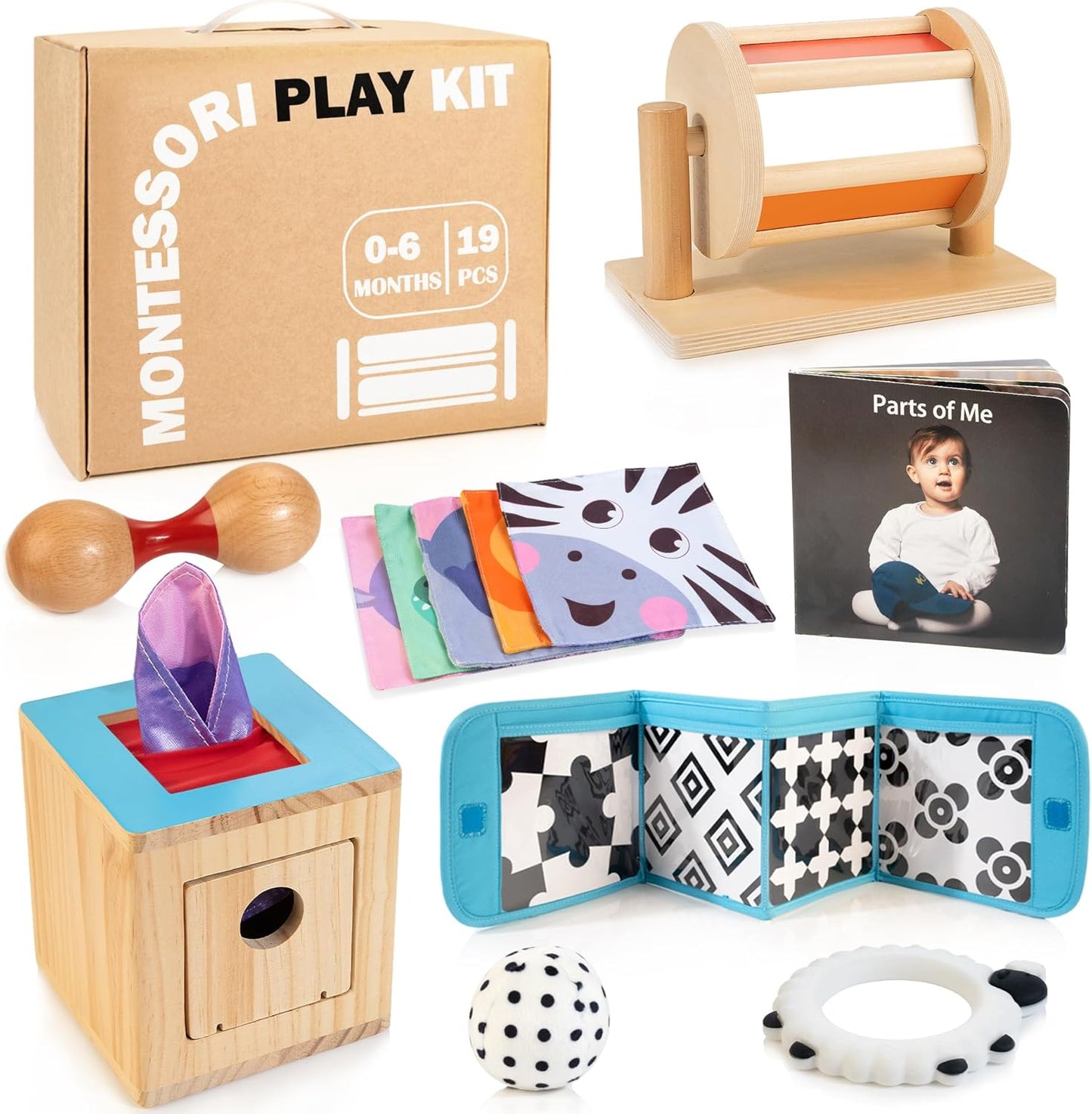 WOODMAM Montessori Toys for Babies 7-12 Months, 9 in 1 Educational Wooden Toys Set, Includes Object Permanent Box, Stacking Cups, Mirror Puzzle, Ring Stacker and More