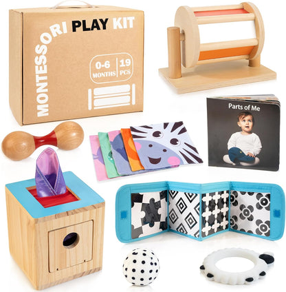 WOODMAM Montessori Toys for Babies 7-12 Months, 9 in 1 Educational Wooden Toys Set, Includes Object Permanent Box, Stacking Cups, Mirror Puzzle, Ring Stacker and More