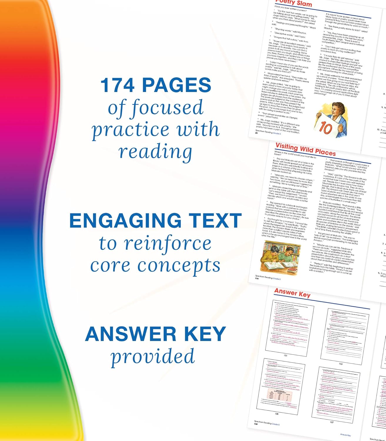 Spectrum Reading Comprehension Grade 5 Workbooks, Ages 10 to 11, 5th Grade Reading Comprehension, Nonfiction and Fiction Passages, Summarizing Stories and Identifying Themes - 174 Pages