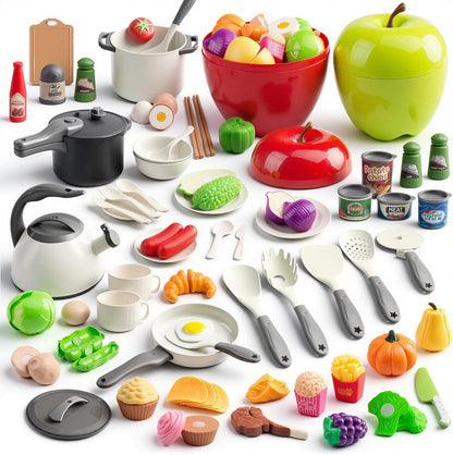 130Pcs Kitchen Playset, Toddler Pretend Cooking Play Pots, Pans, Utensils Cookware, Daily Food Fruit Veges, Shopping Storage Basket, Dessert, Prop Money, Learning Gift for Child (Pink)