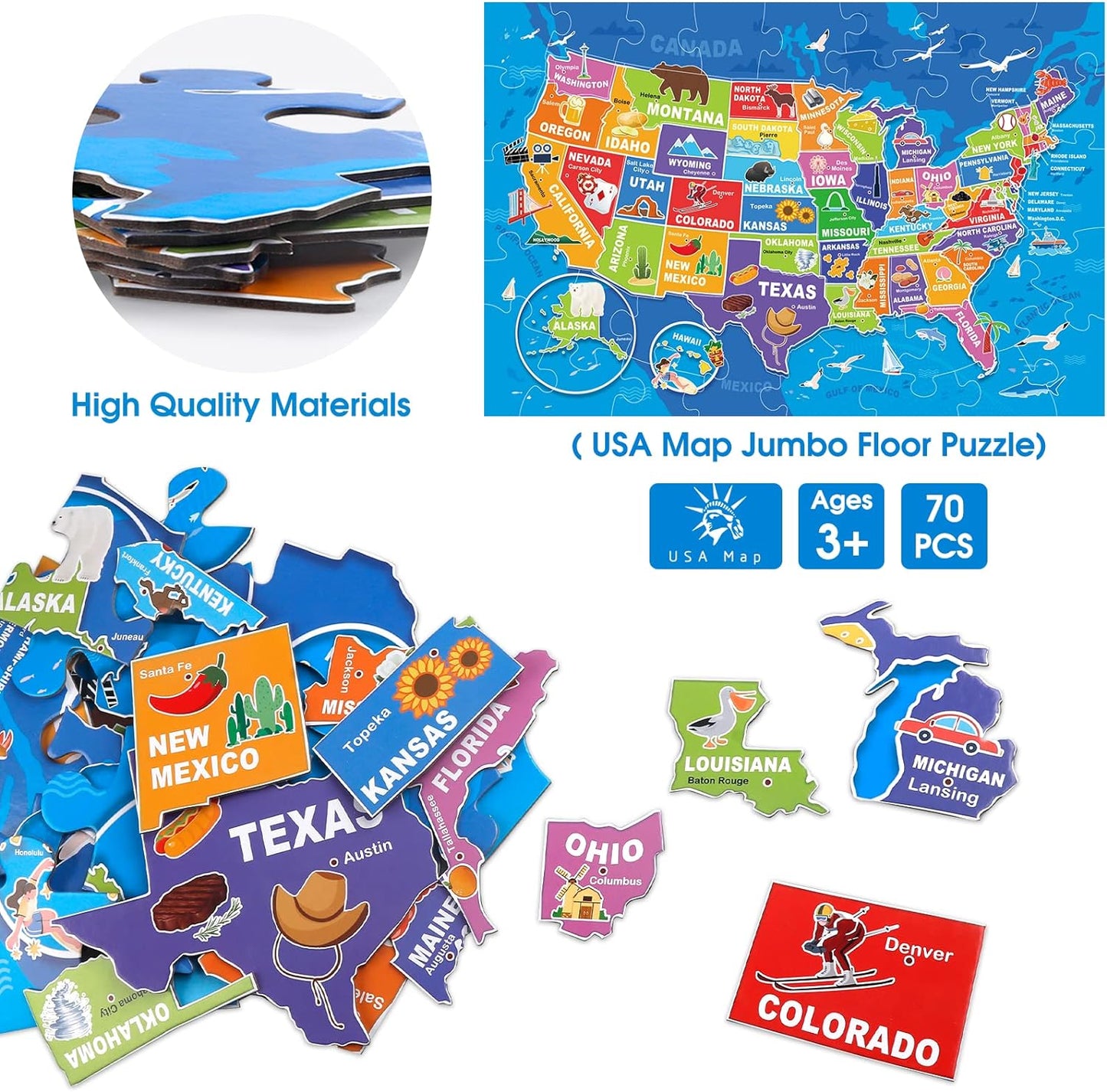 Jumbo Floor Puzzle for Kids,World Map Jigsaw Geography Puzzles,48 Piece Globe Atlas Puzzle with Continents,United States Puzzle for Ages 3-5,Preschool Learning Toys Easter Gift for 4-8 Years Old